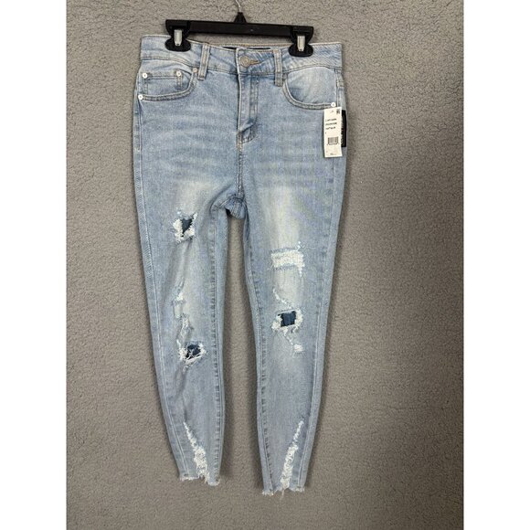 Indigo Rein Juniors' Curvy Fit High Rise Crop Jeans Distressed Size 1 Blue NWT's - Picture 1 of 8